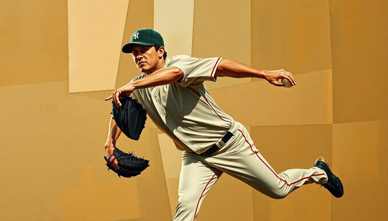 A cubist, geometric painting depicting the motion of a baseball pitcher's throwing motion, with sharp, overlapping planes in muted earth tones.