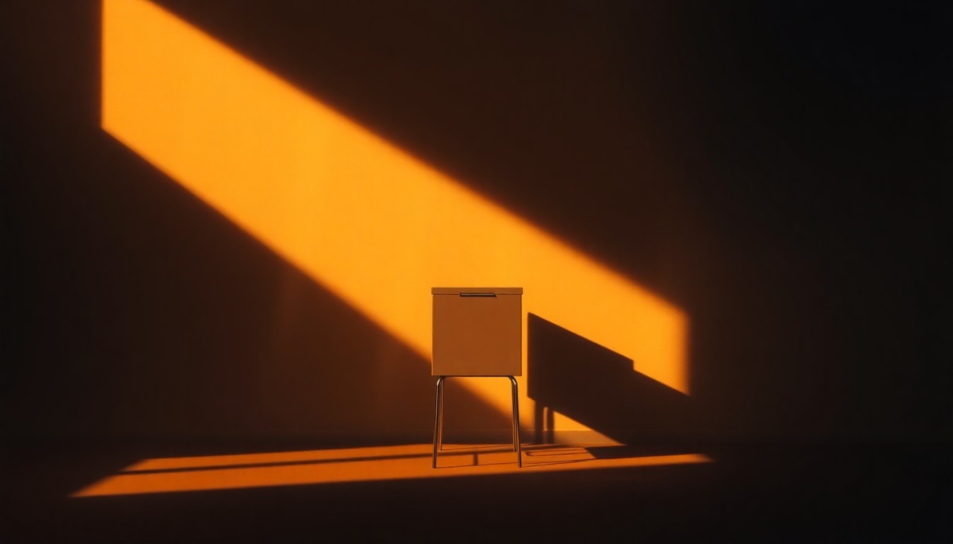 A photorealistic painting of a lone voting booth or ballot box in a dimly lit urban setting, with warm sunlight streaming in through a window and creating deep shadows across the scene, conveying a sense of solemnity and the weight of the political process.