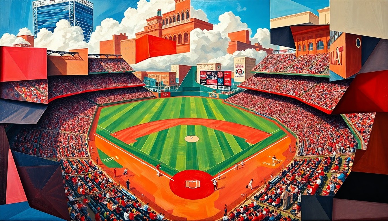 A cubist, geometric painting depicting a fractured baseball game, with sharp planes of crimson and red representing the Alabama and Arkansas teams in action.