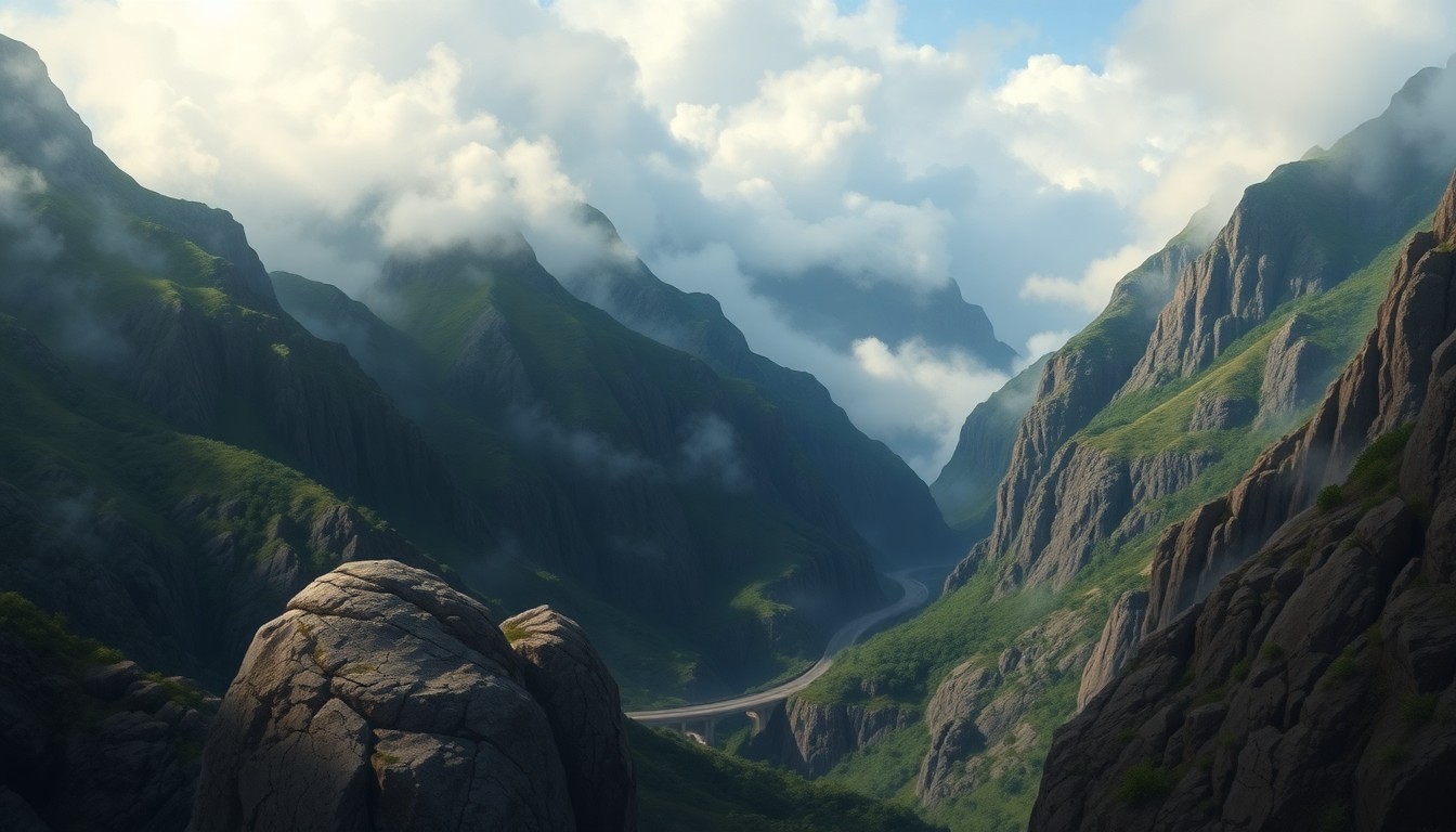 A vast, atmospheric landscape painting depicting a winding mountain highway surrounded by towering, fog-shrouded peaks, with massive boulders looming in the foreground, conveying the overwhelming power and unpredictability of nature.