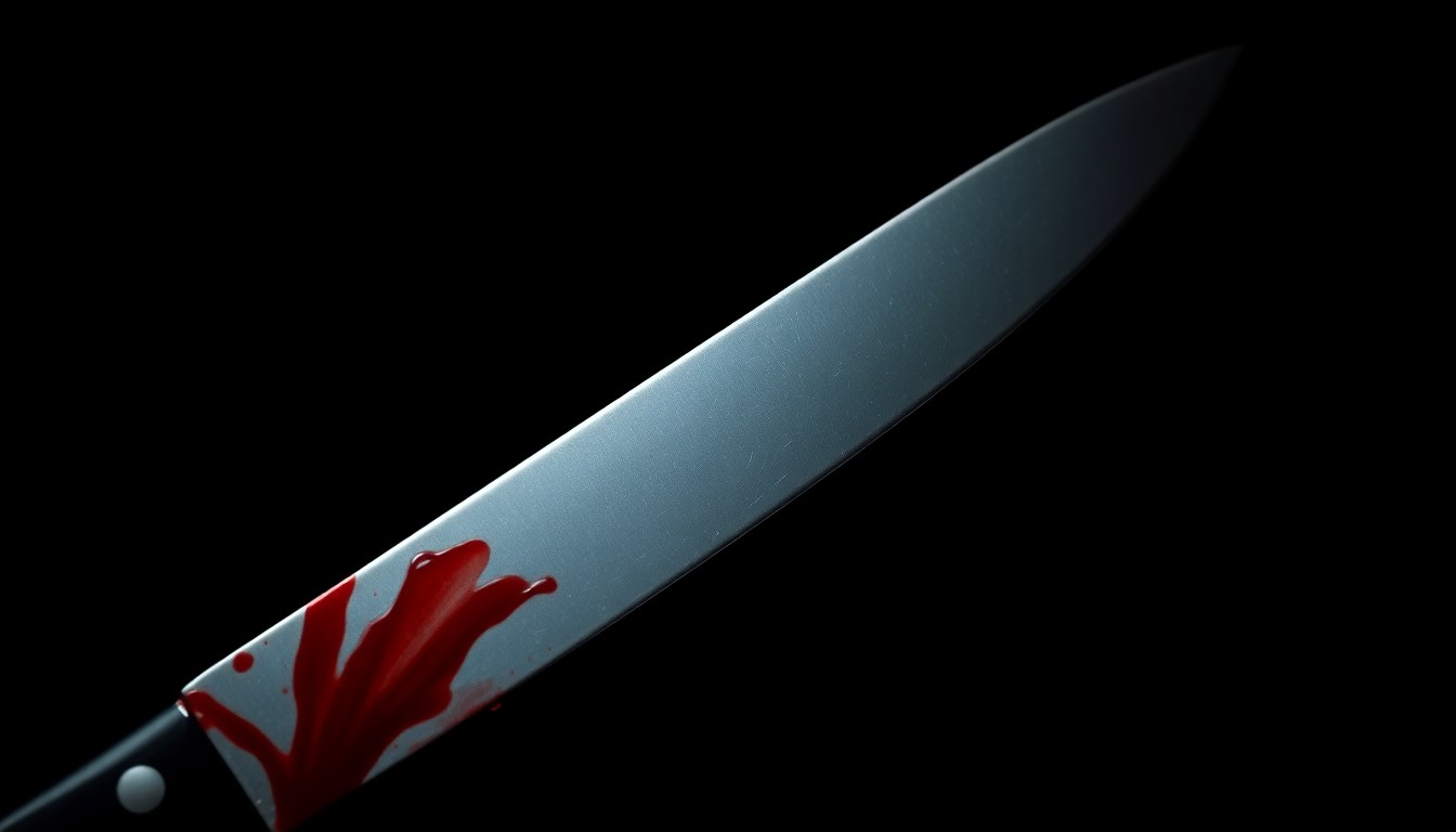 An extreme close-up of a blood-stained knife blade against a dark background, conveying the harsh, sudden nature of the crime through dramatic lighting and minimal detail.