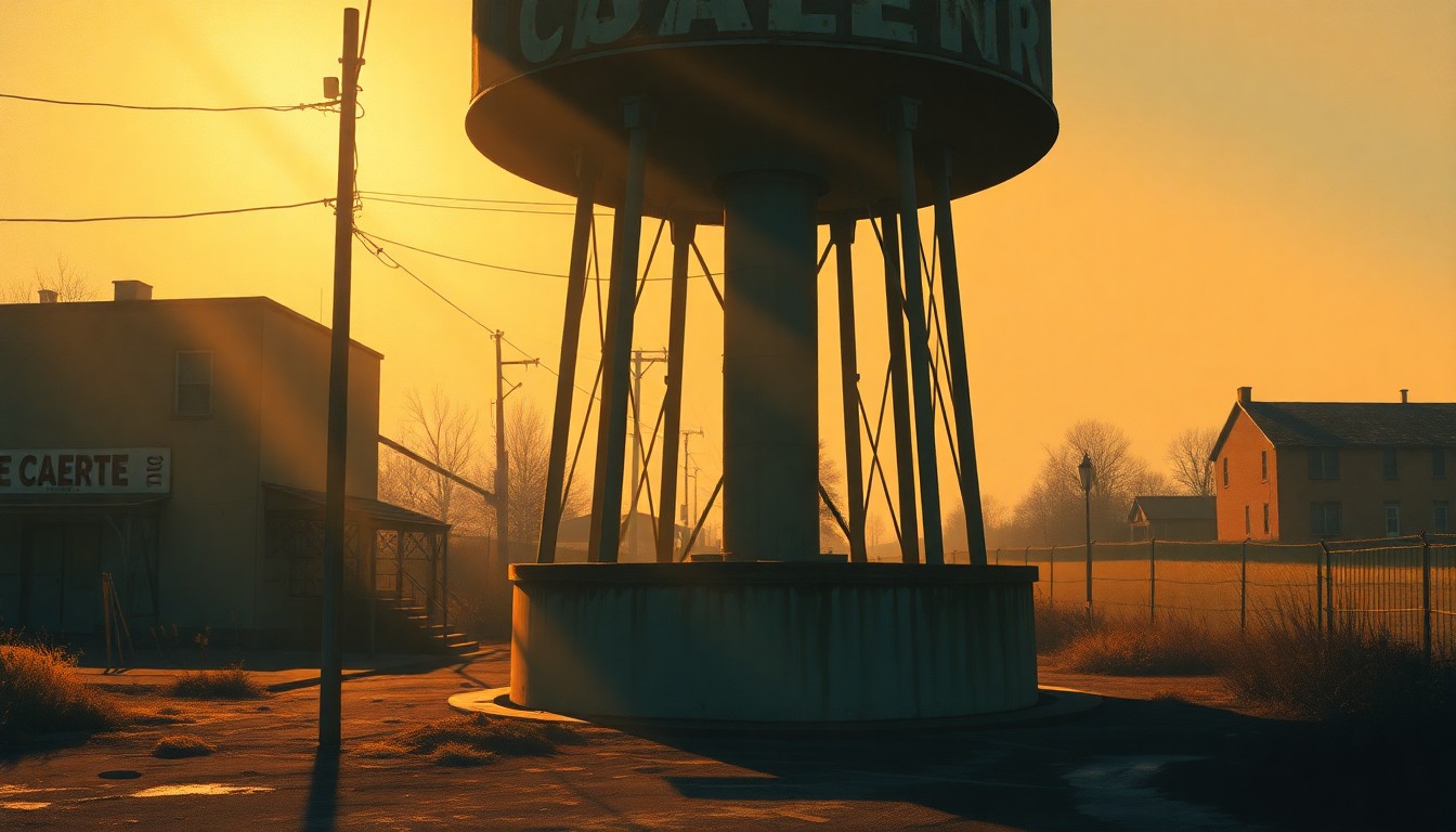A nostalgic, cinematic painting depicting the warm glow of sunlight on an old water tower, conceptually representing the infrastructure challenges facing small Midwestern communities.