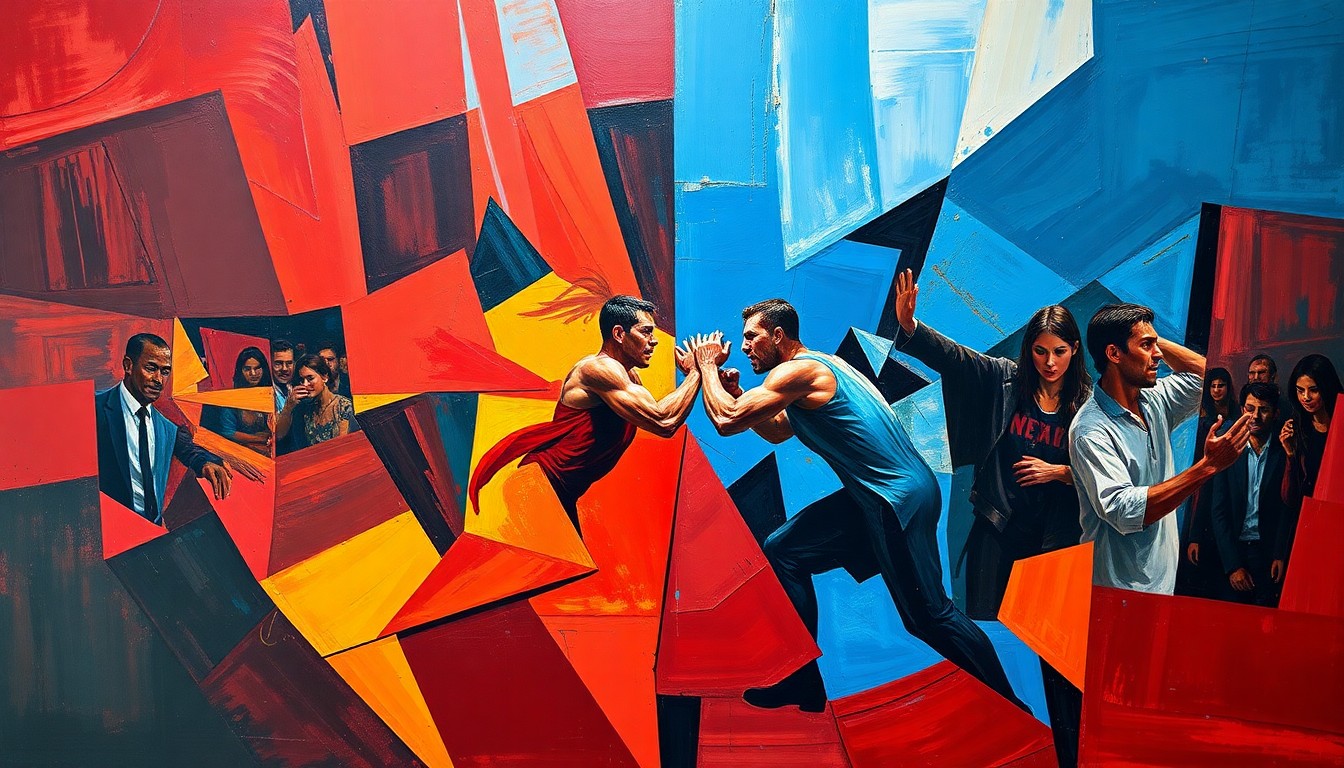A cubist, geometric illustration depicting a wrestling match or competition, with sharp, overlapping planes of color and form capturing the dynamic energy of the sport.