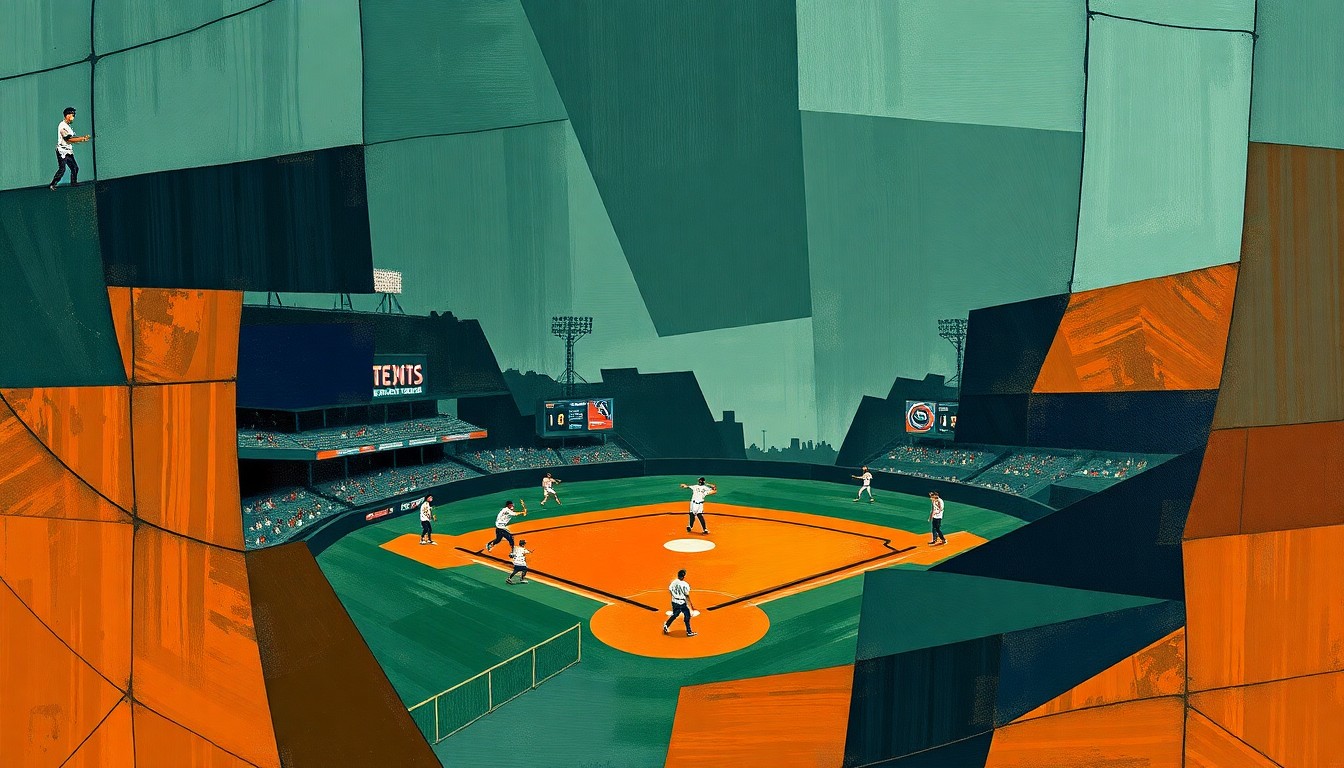 A cubist-style painting depicting a baseball game broken down into sharp, overlapping geometric shapes in muted tones, capturing the intensity and movement of the game.