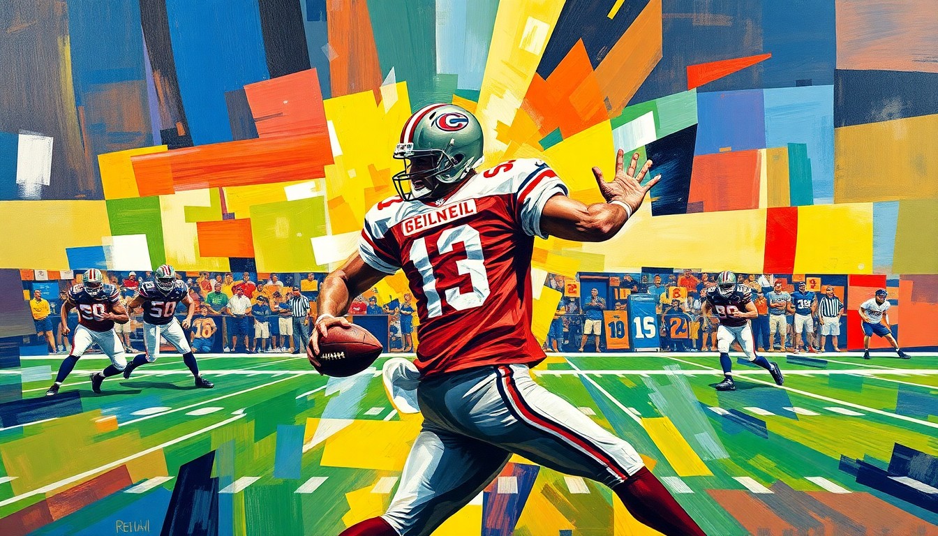 A fractured, geometric painting in the style of Pablo Picasso, with overlapping planes of color and shape representing a football player's motion, without any identifiable features or text.