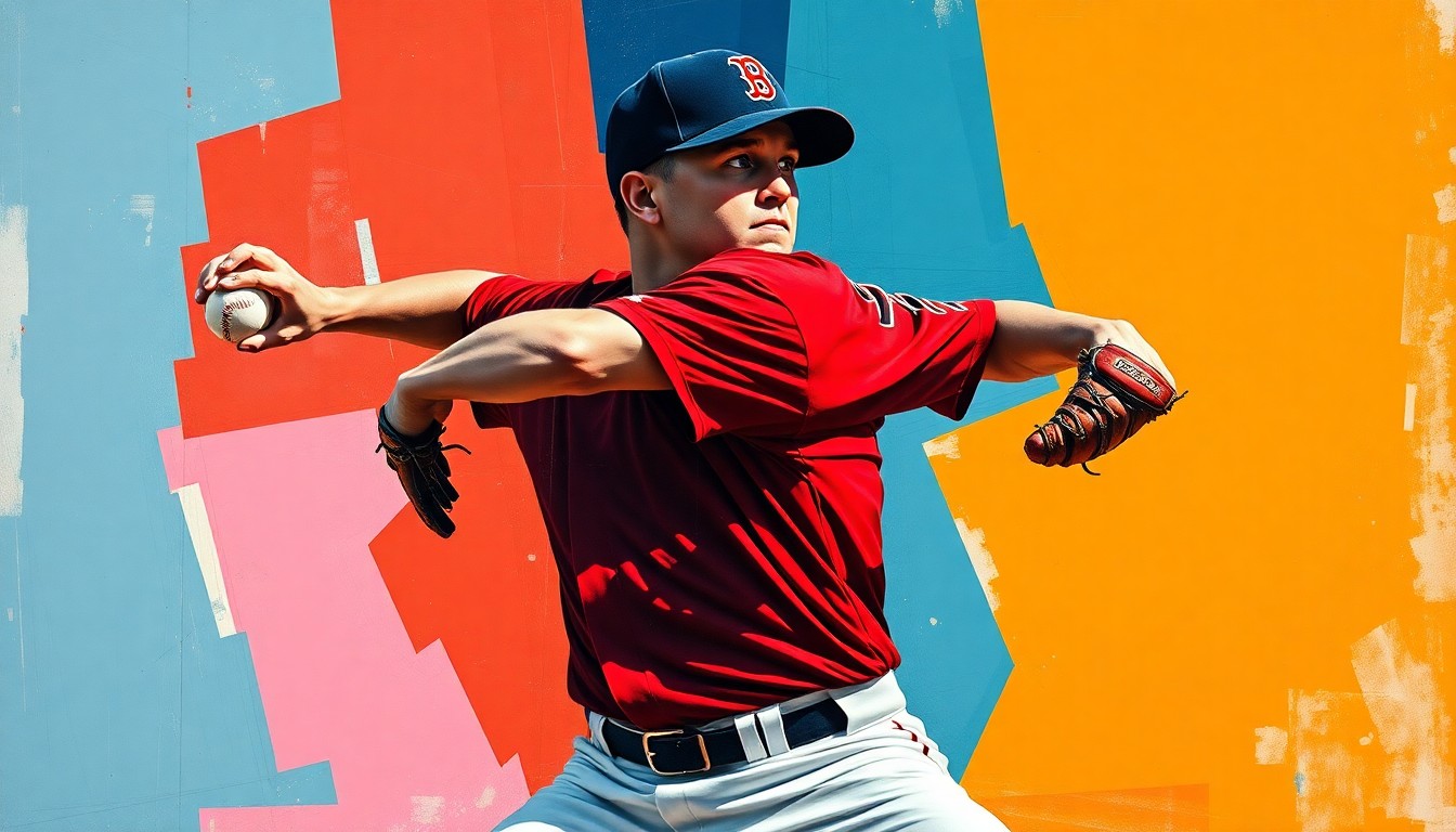 A cubist, geometric painting depicting a baseball pitcher's motion broken down into overlapping planes of vibrant red, navy, and white colors.