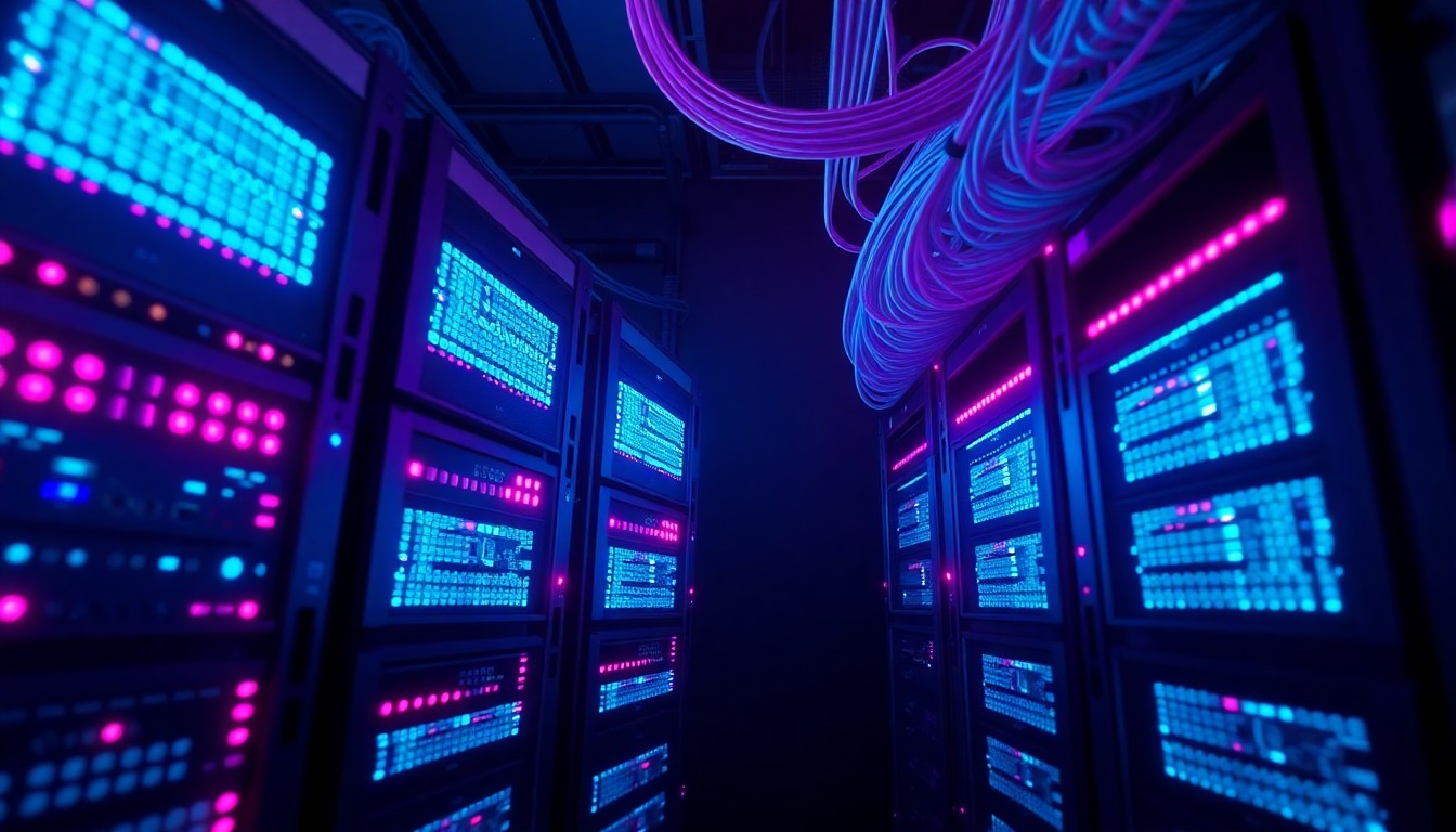 A highly detailed 3D illustration of glowing, neon-lit data server racks and cables, representing the digital infrastructure that powers modern technology, set against a dark, moody backdrop.