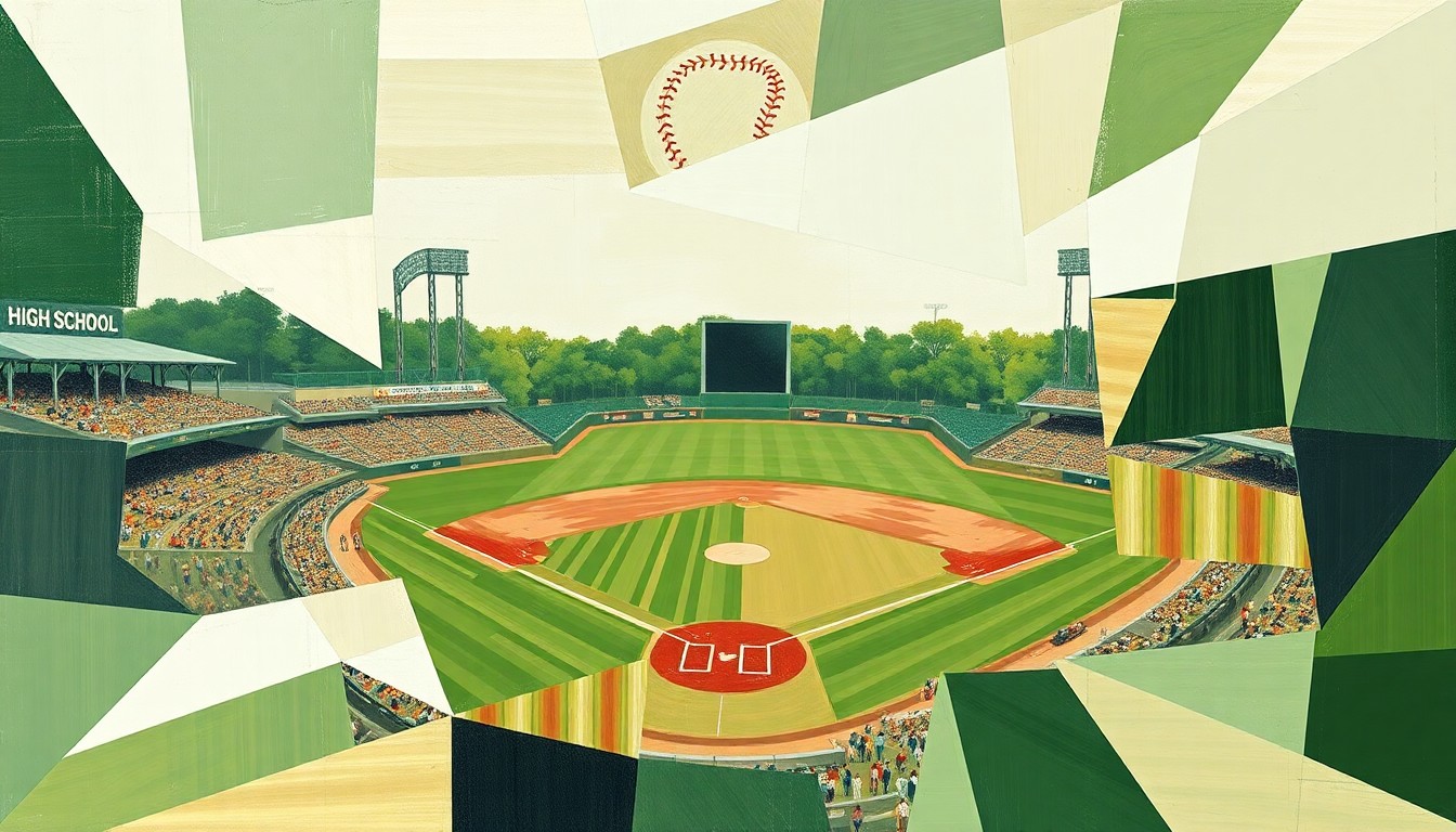 A fragmented, cubist-style painting depicting a high school baseball game, with players and field elements broken down into sharp, overlapping geometric shapes and planes of green, brown, and white.