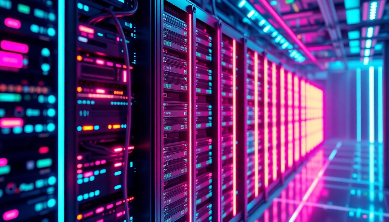 A highly detailed, glowing 3D illustration of a futuristic data center or server rack, with neon cyan and magenta lights illuminating the intricate hardware components, conceptually representing the technological sophistication of data-driven intelligence.