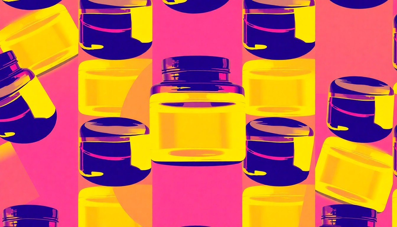 A brightly colored, high-contrast silkscreen print of a single jar of face cream repeated in a tight grid pattern, utilizing flat, vibrant neon color palettes and heavy black photographic outlines to transform an everyday cosmetic item into modern pop art.