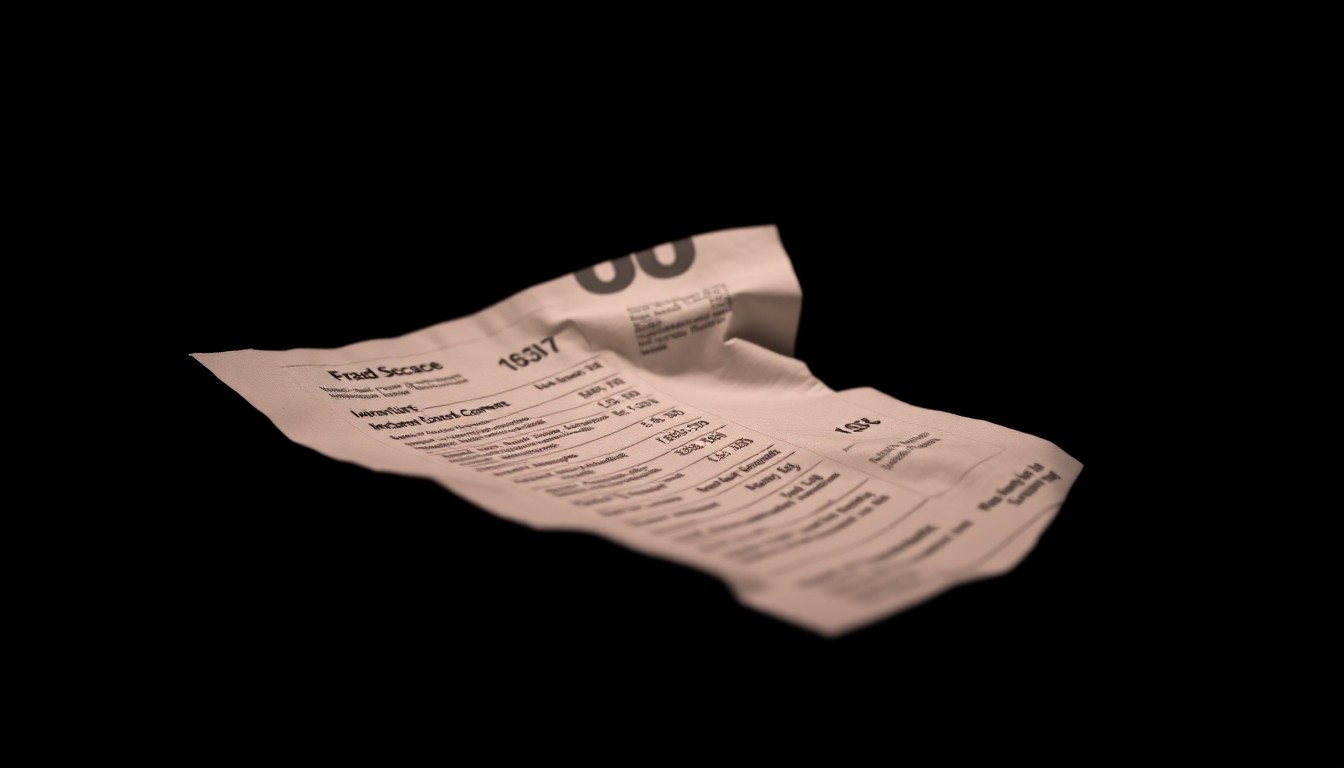 An extreme close-up of a crumpled financial document, its details obscured by the harsh lighting, conveying a sense of the gritty, investigative nature of this fraud case.