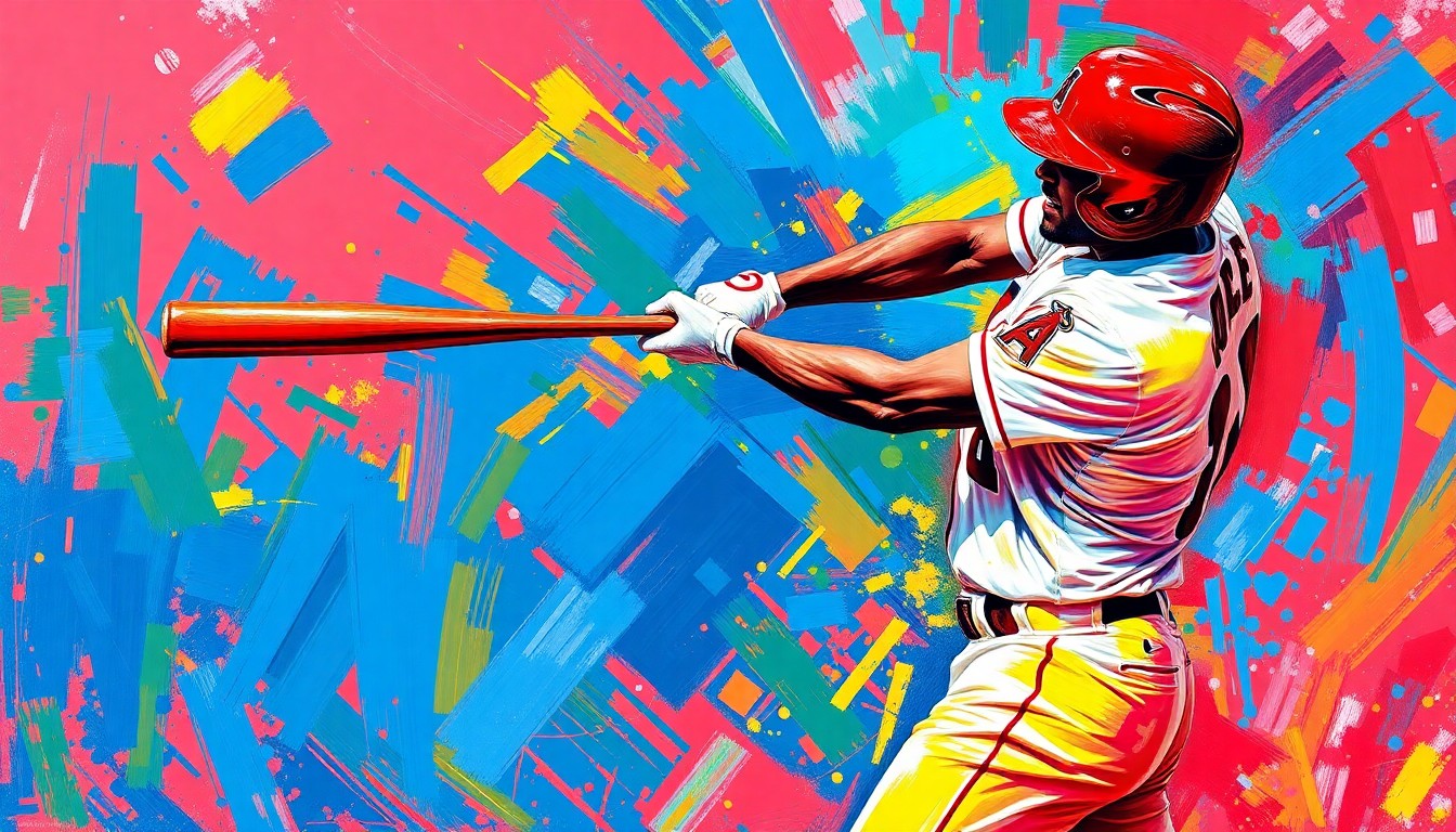 A dynamic, neon-colored expressionist painting depicting the powerful swing and explosive energy of Angels outfielder Jorge Soler as he connects for a grand slam, capturing the raw athleticism and momentum of the game-changing hit.