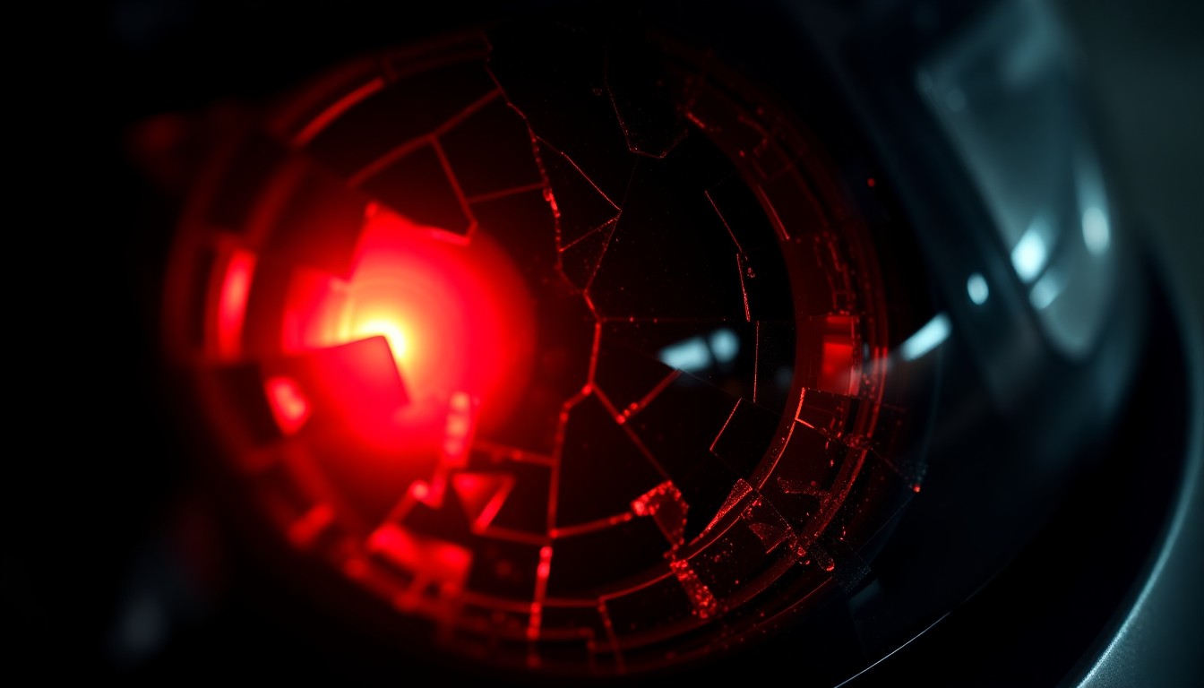 An extreme close-up photograph of a shattered car sensor lens reflecting a faint red light, conceptually representing the aftermath of the controversial ICE agent shooting in Minneapolis.