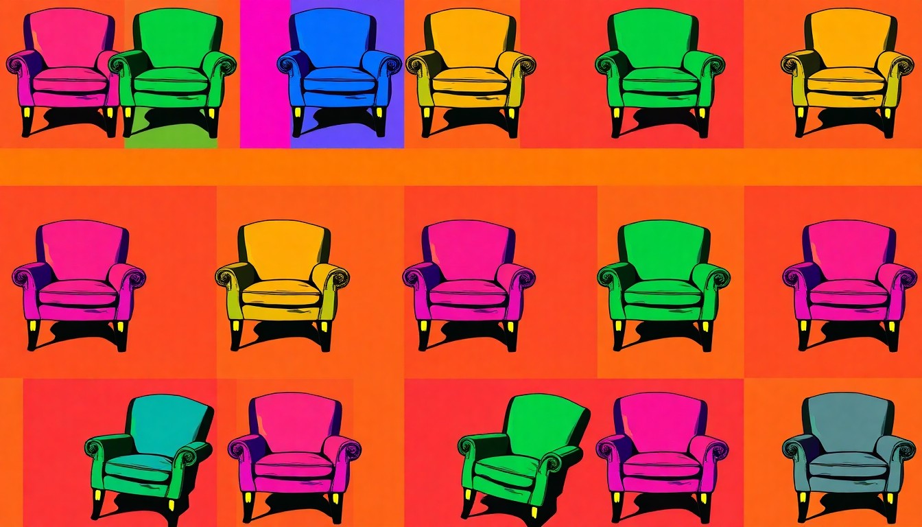 A high-contrast, silkscreen-style illustration of a vintage armchair repeated in a grid pattern, using vibrant neon colors and heavy black outlines to transform the everyday object into a modern pop art piece.