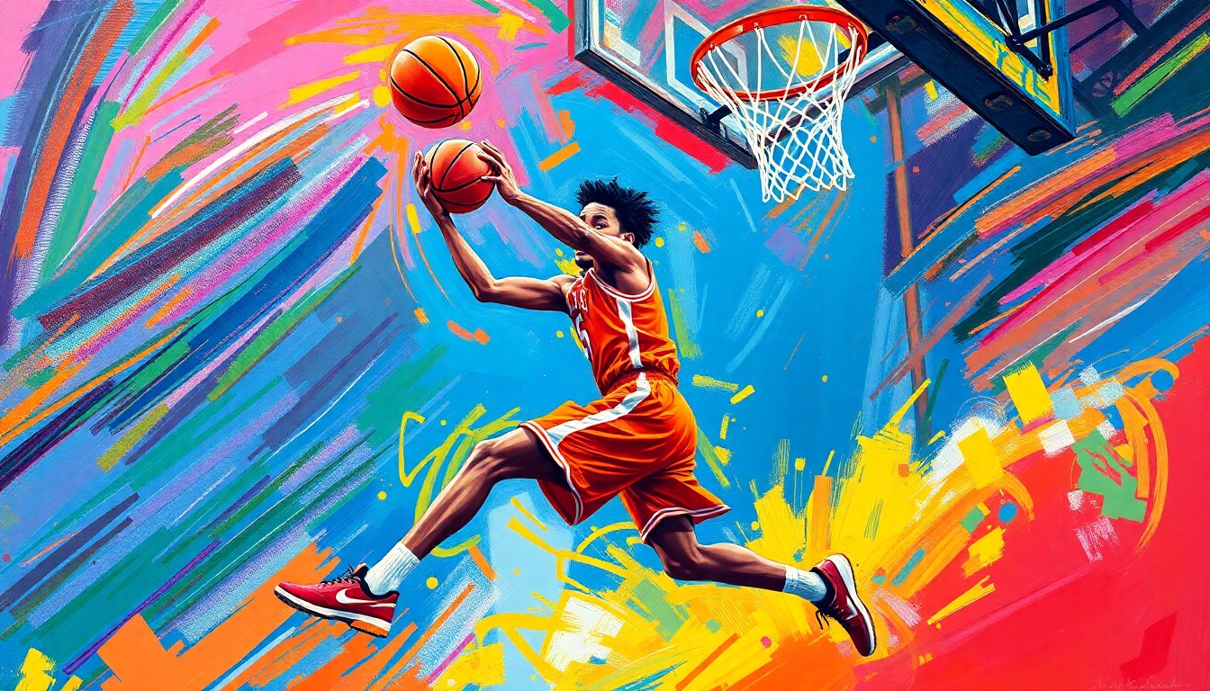 An abstract, expressionist painting in vibrant neon colors depicting the dynamic movements and scoring power of a young basketball player driving to the hoop, capturing the raw energy and excitement of a historic performance.