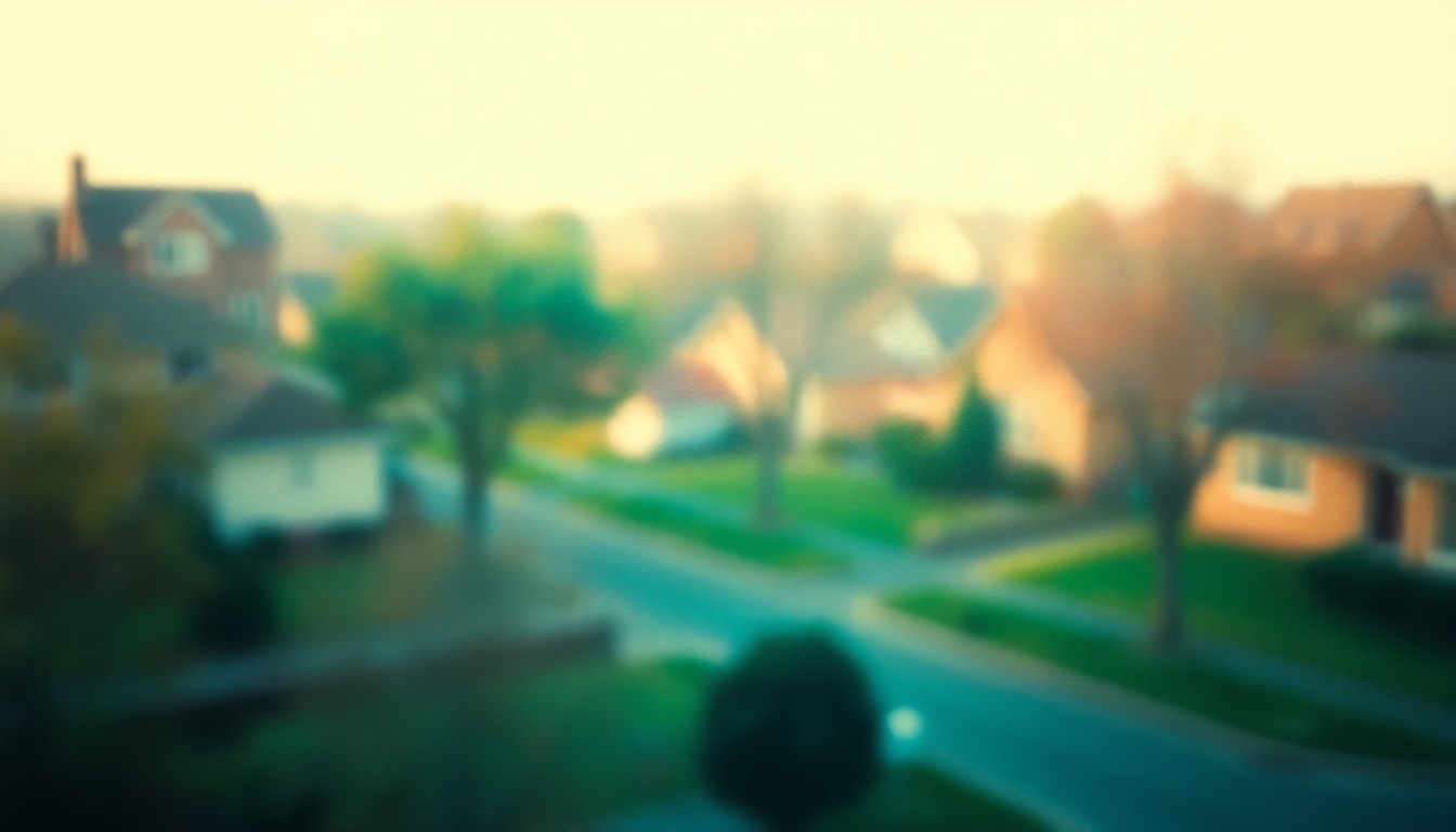 An abstract, out-of-focus scene of a residential neighborhood with blurred trees and homes in warm, soft colors, conceptually representing the new apartment development in Great Neck.