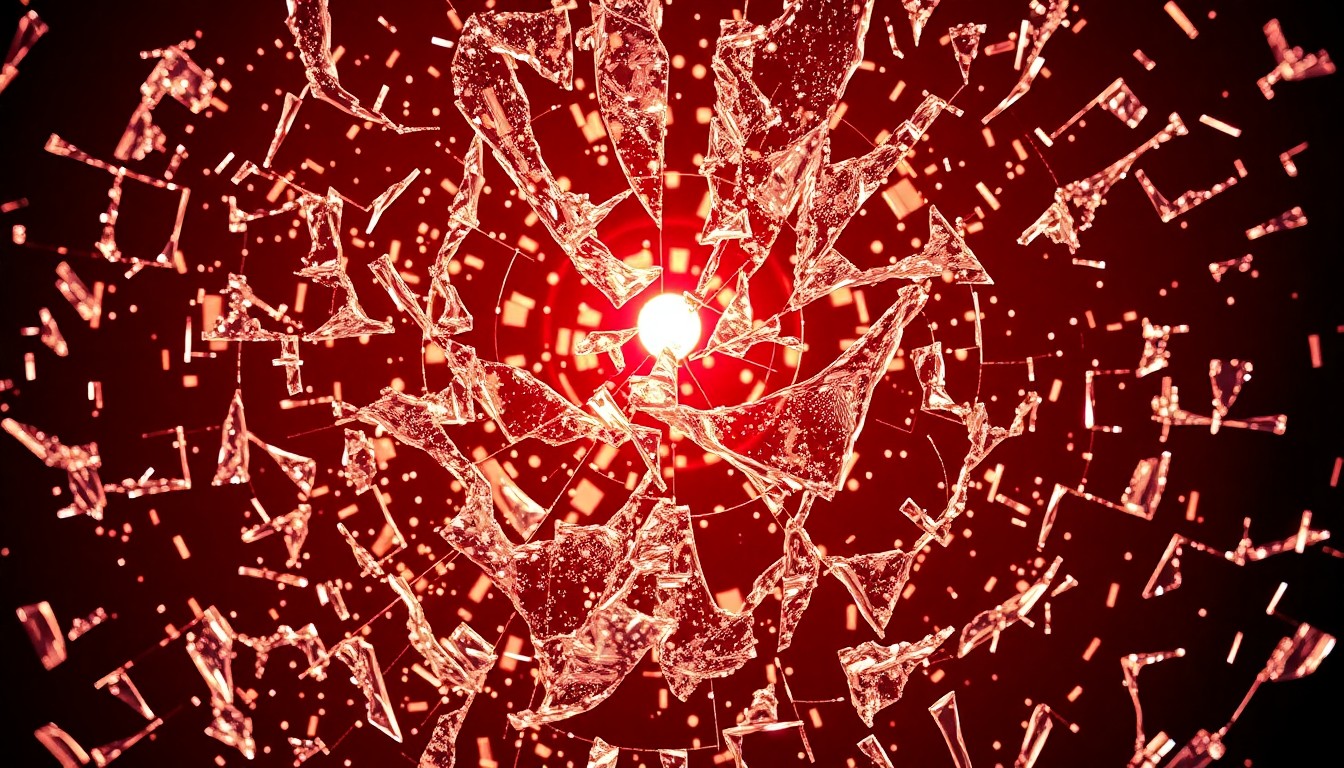 An abstract close-up image of shattered, glittering glass fragments in dramatic, high-contrast lighting, conveying the chaotic and fractured family dynamics at the heart of the Malcolm in the Middle revival.