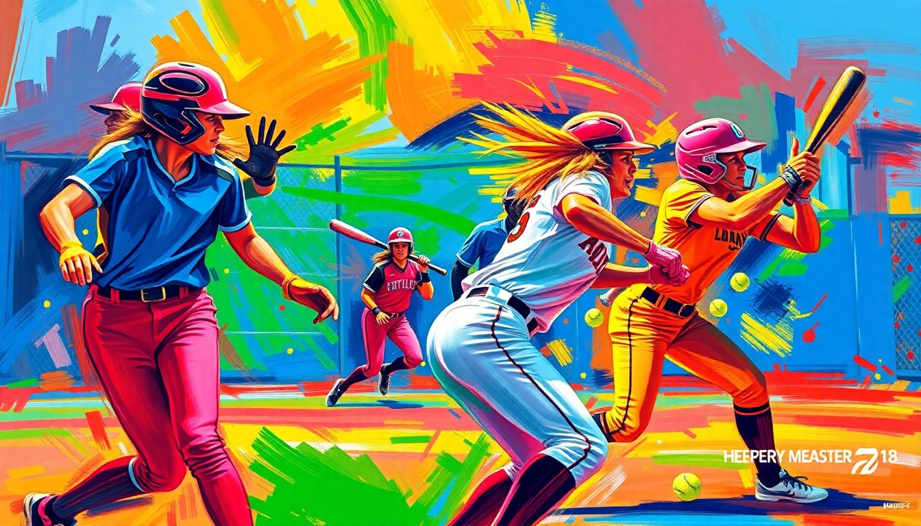 An abstract, expressionist painting in neon colors depicting the dynamic motion and energy of a college softball game, with the players' forms dissolved into vibrant, unrecognizable shapes.