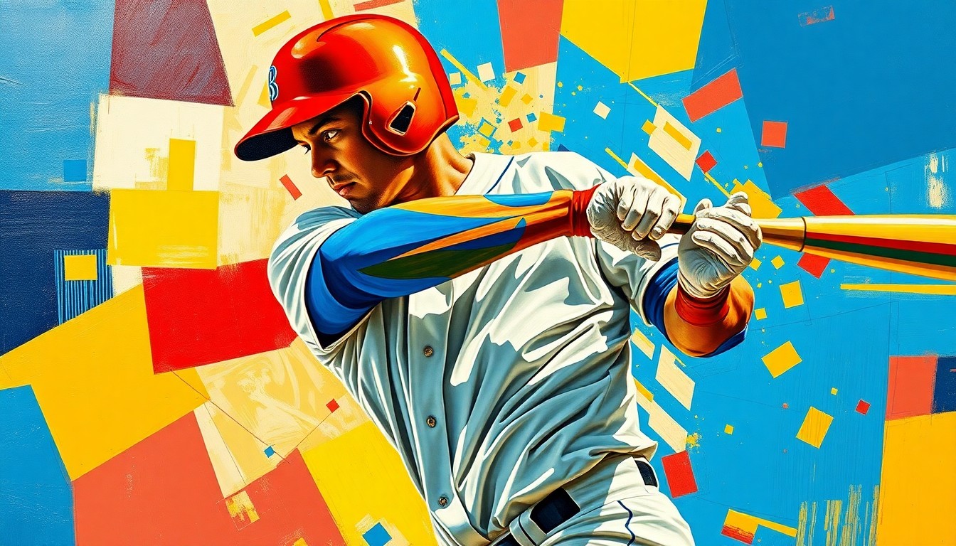 A fractured, cubist-style painting depicting a baseball player's batting motion, with the player's form broken down into sharp, overlapping geometric shapes in a vibrant color palette, conveying the raw athleticism and energy of the sport.