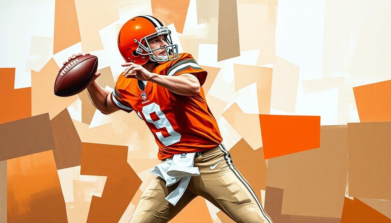 A fragmented, geometric painting depicting a quarterback's throwing motion, with sharp, overlapping planes in the official colors of the Cleveland Browns team, conveying the complex and uncertain nature of the team's quarterback position.