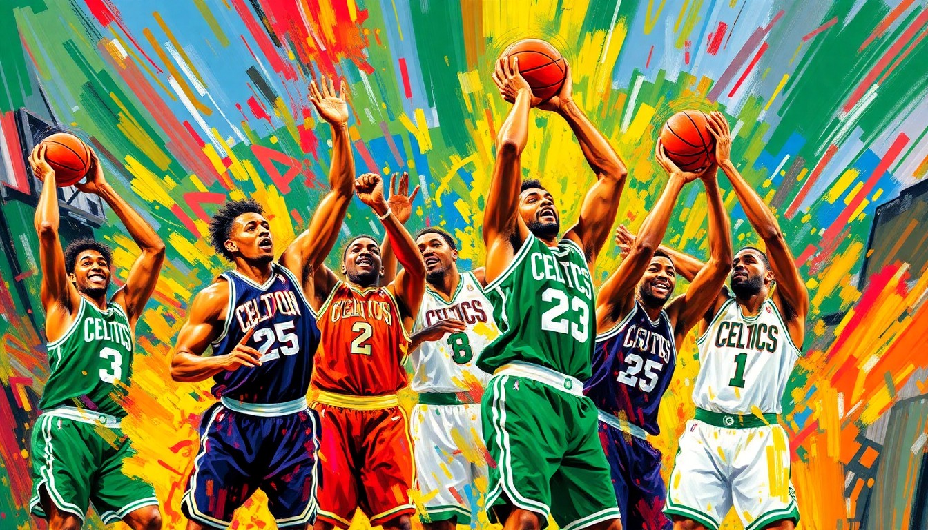An abstract, expressionist painting featuring bold, neon-colored brushstrokes that capture the dynamic movement and energy of a basketball game, representing the Celtics' dominant 3-point shooting performance.