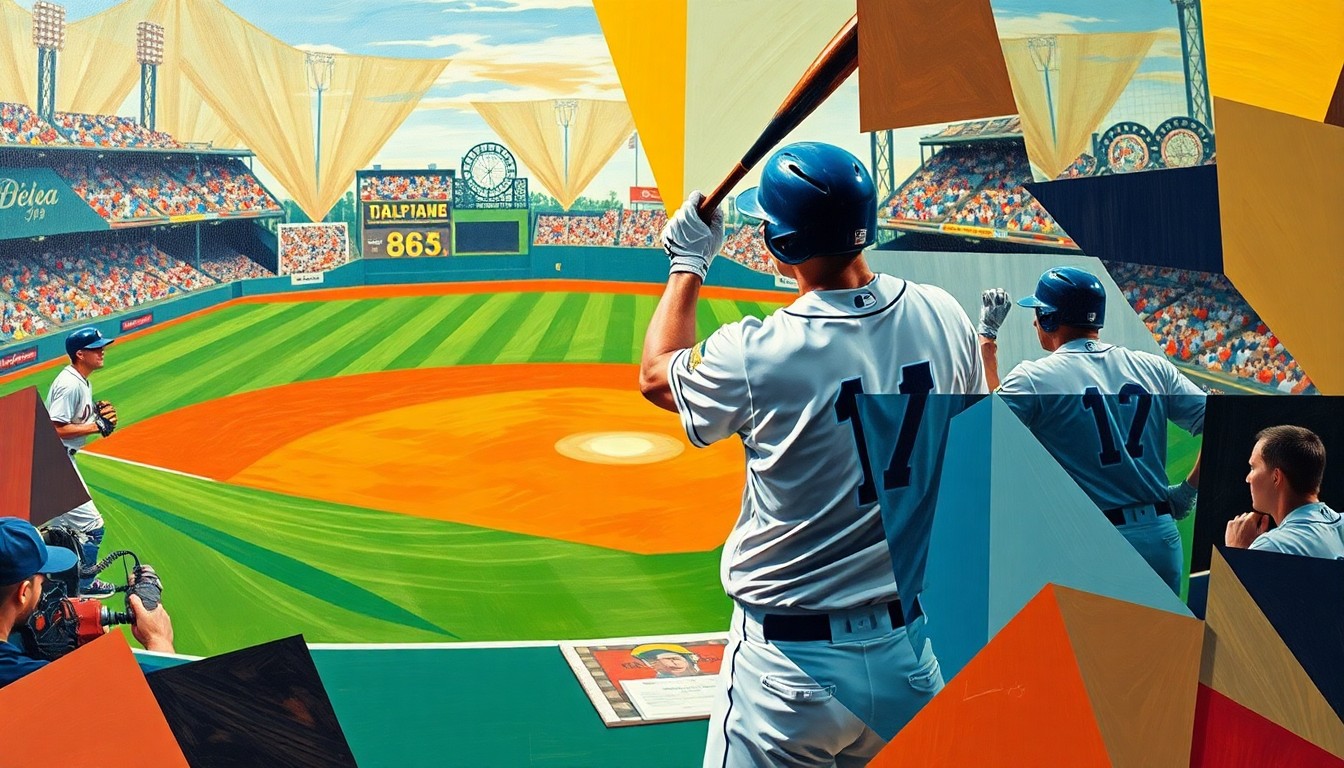 A cubist, geometric painting depicting a baseball player at the plate, the pitch, and the umpire's call broken down into sharp, overlapping planes of color and shape, conveying the fragmented and complex nature of the new automated strike zone technology.