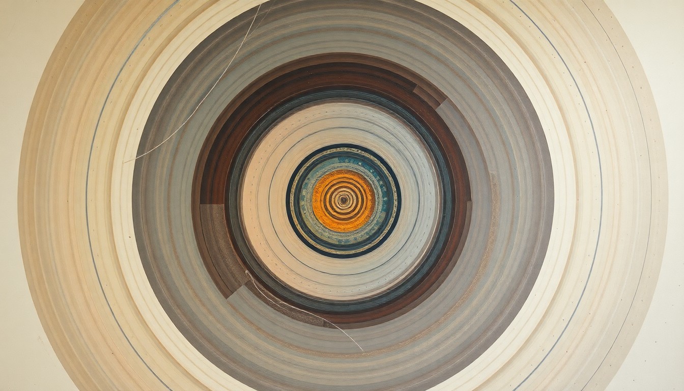 A highly structured abstract painting in soft, flat colors featuring sweeping geometric arcs, concentric circles, and precise botanical spirals, conceptually representing the scientific forces and concepts related to human longevity.