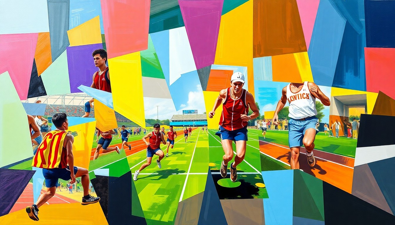 A fragmented, geometric painting in bold colors depicting the overlapping movements and perspectives of a track and field competition.