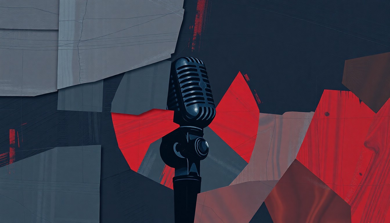 A fractured, abstract painting in dark colors depicting a distorted microphone or podium, symbolizing the political controversy surrounding an edited speech.