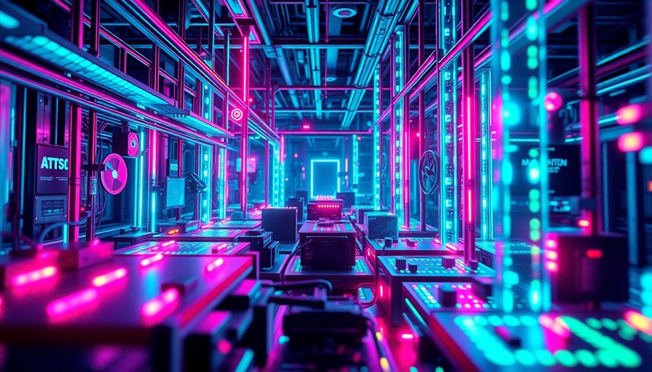 A highly detailed, glowing 3D illustration of various interconnected technology components, such as circuit boards, wires, and sensors, bathed in a vibrant neon cyan and magenta color palette, conceptually representing the complex digital infrastructure underlying the extraction of creator content to train AI models.