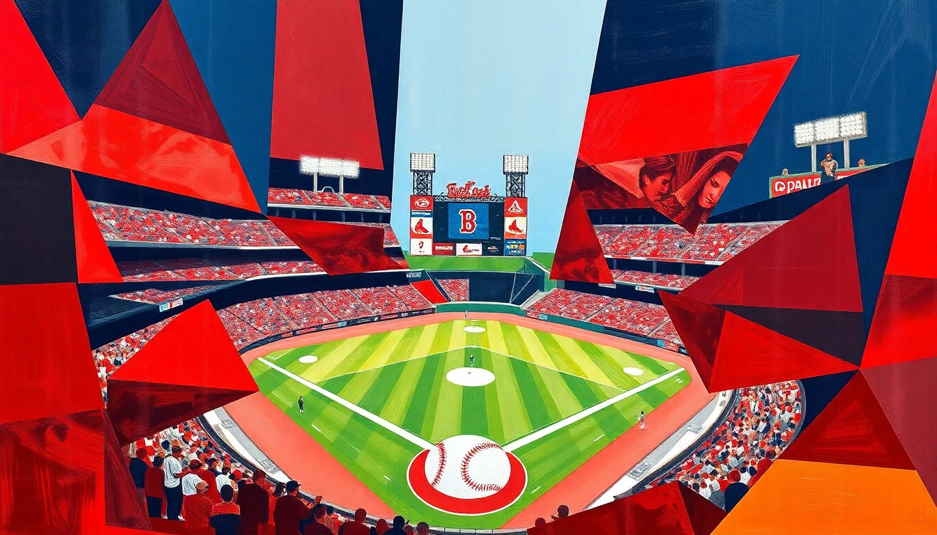 A fractured, multi-perspective painting in vibrant shades of red, navy blue, and white, breaking down a Red Sox baseball game into sharp, overlapping geometric planes, conceptually representing the team's blend of experience and potential.