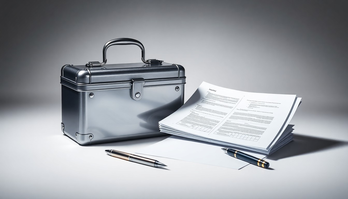 A minimalist studio still life photograph featuring a polished metal toolbox, a stack of business documents, and a pen, all arranged elegantly on a clean, monochromatic background to conceptually represent the strategic tools and paperwork required to run a successful small business.