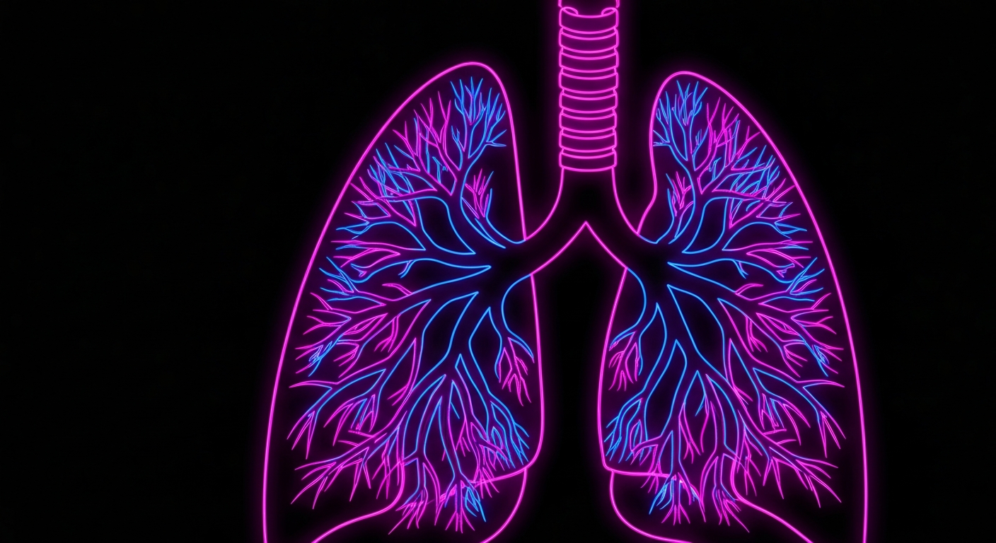 A vibrant, neon outline of a human lung against a dark background, symbolizing the intricate connection between the oral microbiome and cancer treatment response.