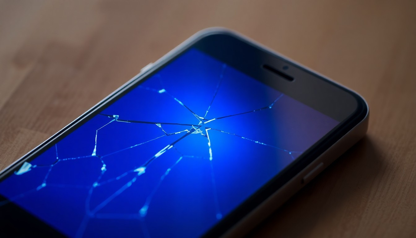 An extreme close-up photograph of a cracked and damaged cell phone screen, reflecting a faint blue light, conceptually representing the urgency and fragility of a missing persons case.