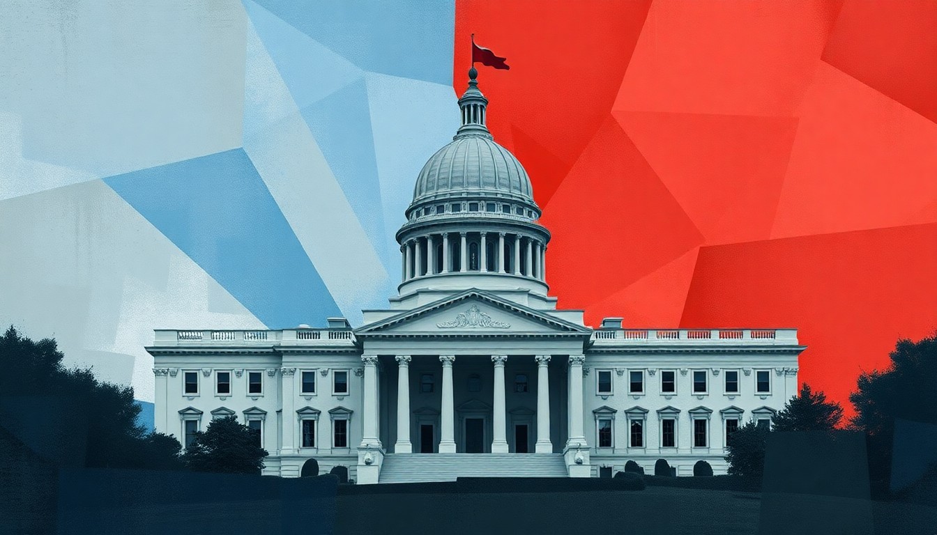 A fractured, abstract painting featuring overlapping geometric shapes and waves of blue, grey, and red, representing the disruption to FEMA's continuity of government operations due to the partial government shutdown.