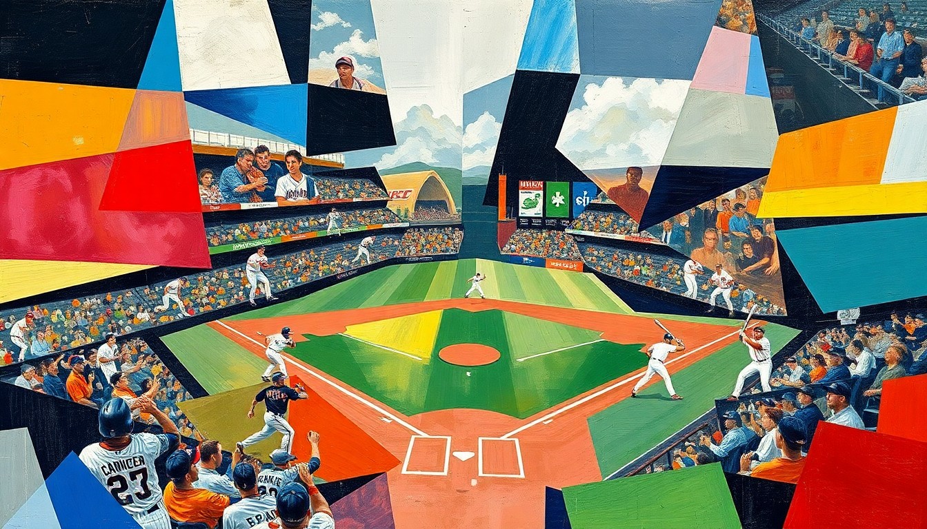 A fractured, multi-perspective painting that breaks down a baseball game into sharp, overlapping geometric planes of color, creating a sense of motion and energy without any recognizable figures or details.