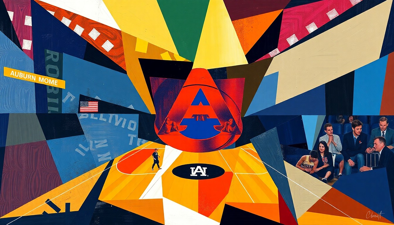 A cubist, geometric painting depicting a college basketball game or tournament, with sharp, overlapping planes of color representing the dynamic action on the court.