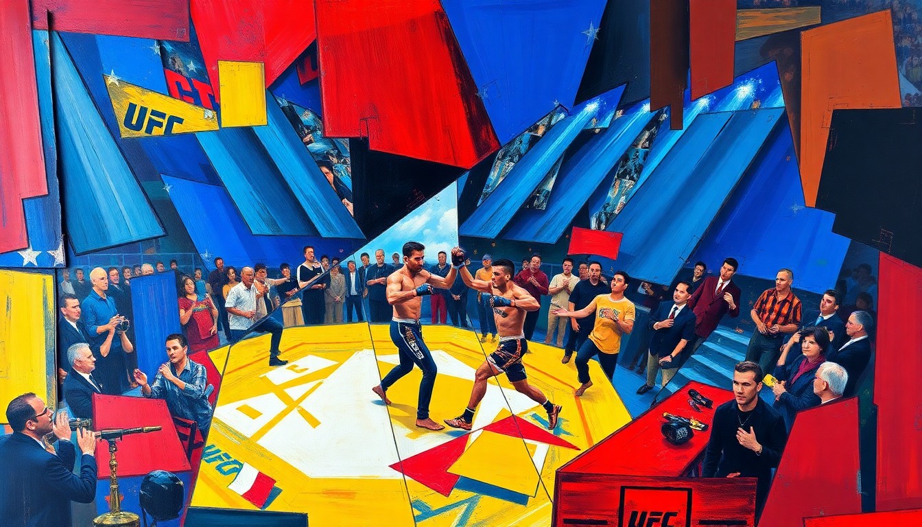 A cubist, geometric painting depicting a fractured, multi-perspective view of a UFC fight scene, with sharp, overlapping planes of vibrant colors like deep blues, fiery reds, and bright yellows.
