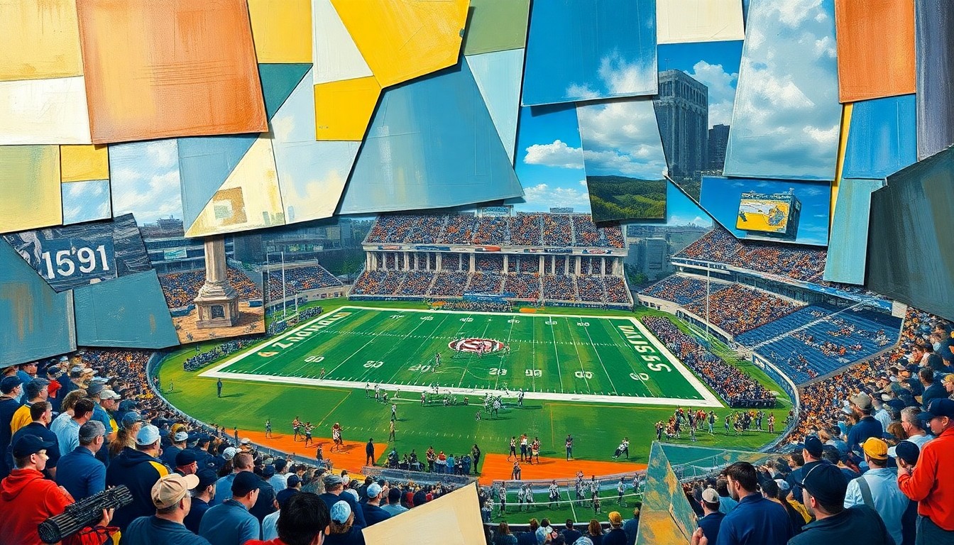 A cubist, geometric painting depicting a fragmented college football game, with players and the field broken down into sharp, overlapping planes of color and shape, conveying the innovative and disruptive nature of the Pac-12's scheduling changes.