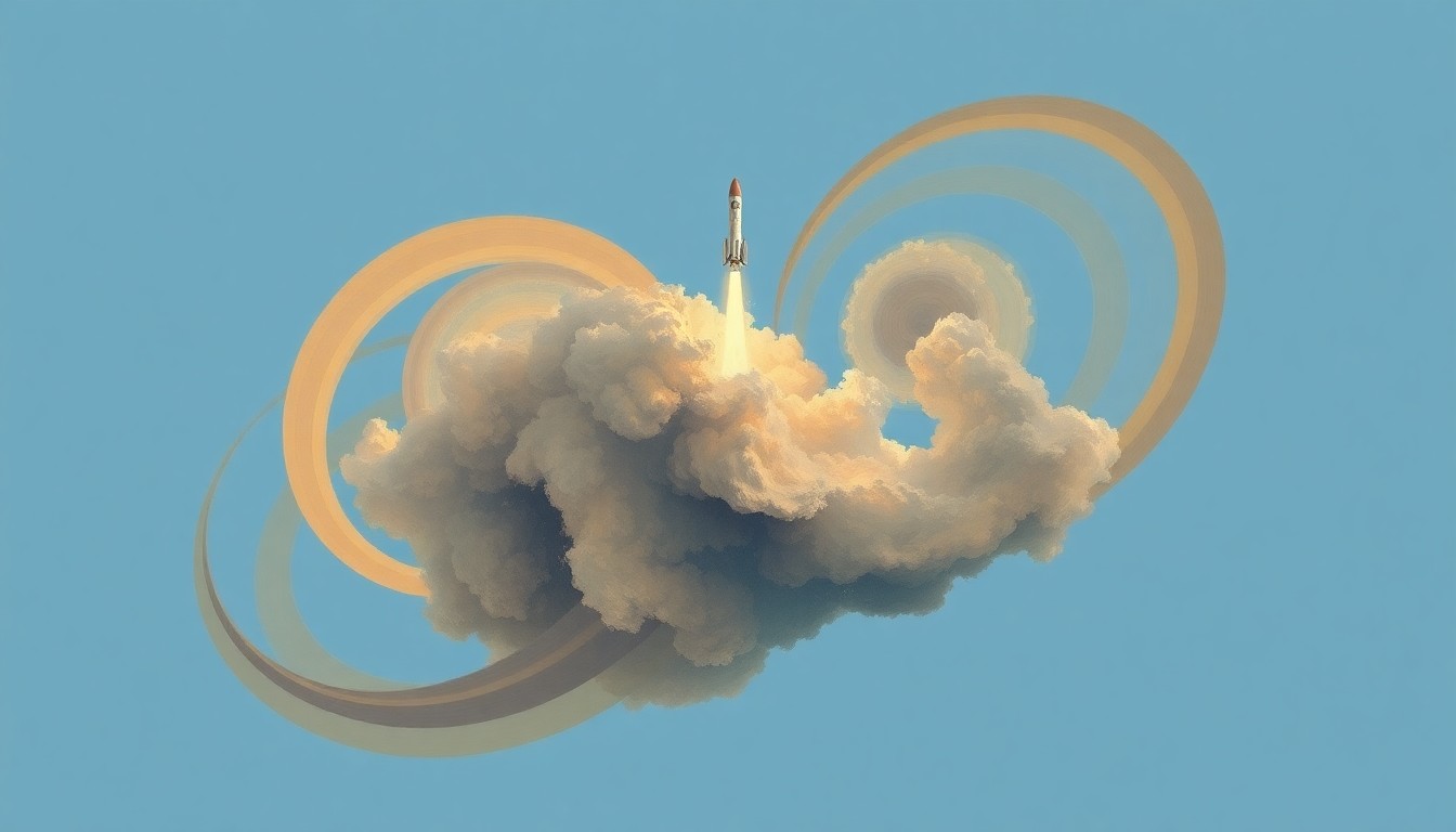 A bold, abstract painting in the style of Hilma af Klint, featuring sweeping geometric arcs, concentric circles, and precise spirals in earthy tones of ochre, sienna, and indigo against a clean sky blue background, conceptually representing the complex atmospheric disturbances caused by a rocket launch.