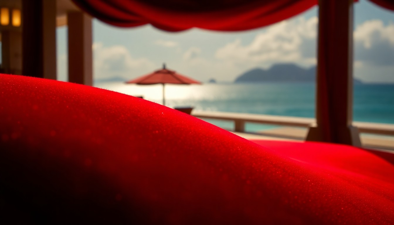 An extreme close-up photograph of a lush, velvety red fabric texture, capturing the high-end, glamorous setting of Taylor Frankie Paul's family vacation, while also hinting at the emotional complexities underlying the trip.