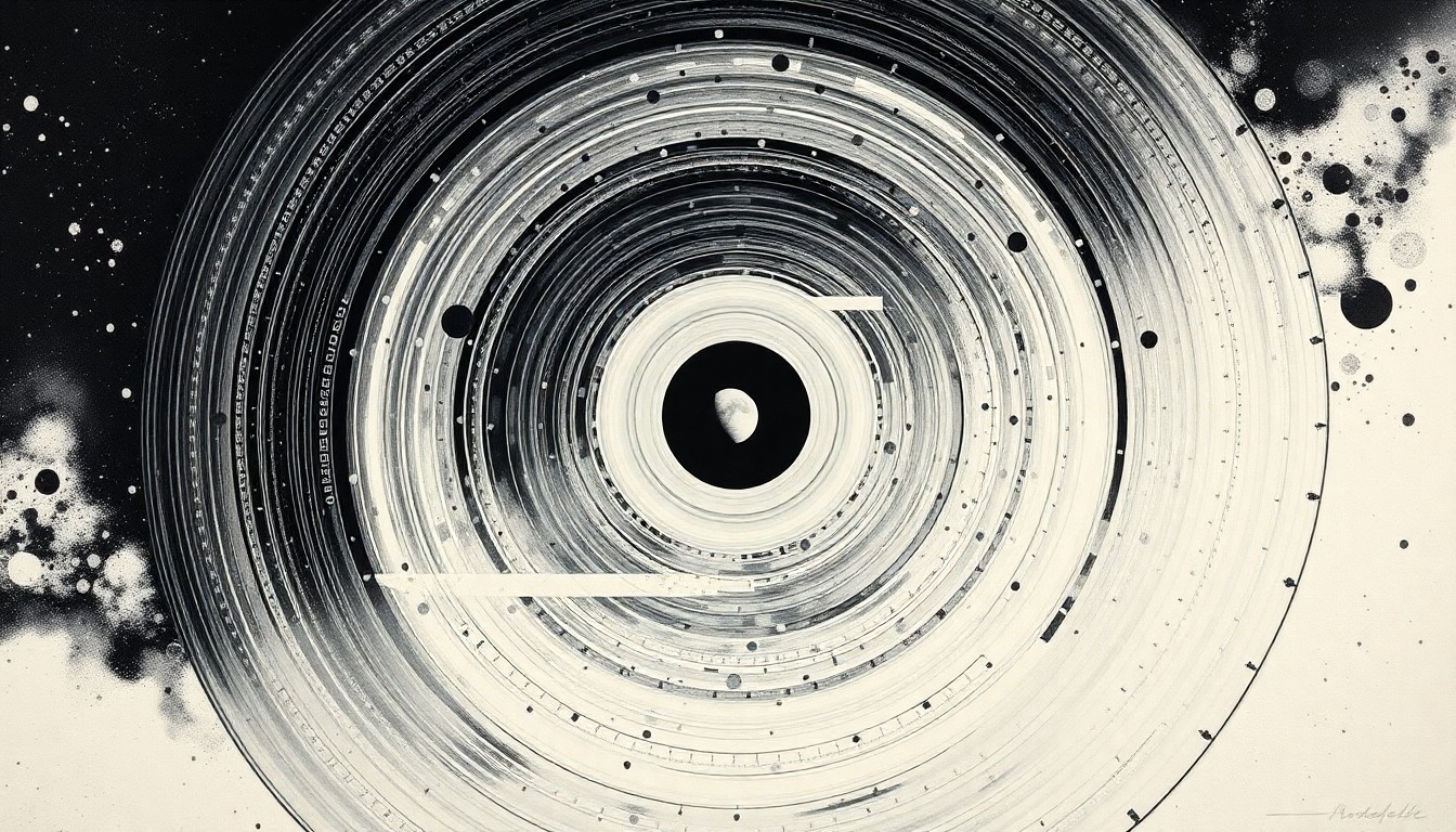 A highly structured abstract painting in soft, muted colors depicting sweeping geometric arcs, concentric circles, and precise spirals, representing the complex forces and concepts of the Artemis II lunar mission in a conceptual, non-literal way.