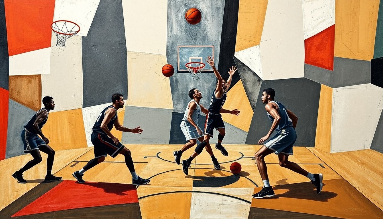 A cubist, geometric painting depicting a basketball game, with the players and court broken down into sharp, overlapping shapes and planes, capturing the dynamic energy of the sport.