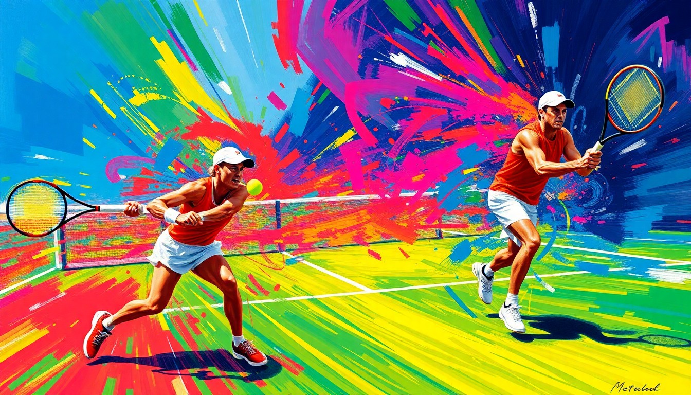 An abstract, energetic painting featuring bold, neon-colored brushstrokes that capture the dynamic movements and intensity of professional tennis players competing on the court.