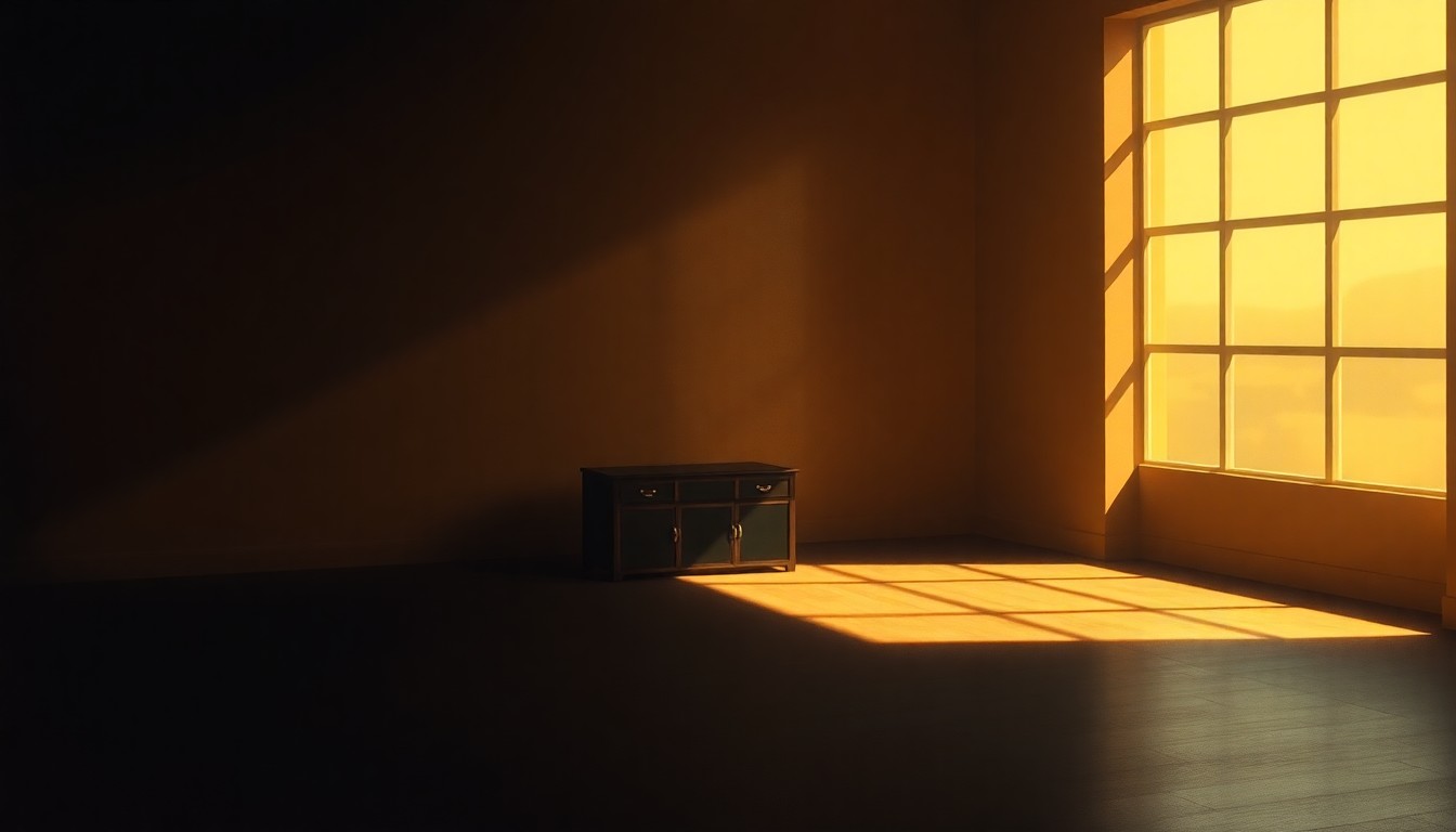 A dimly lit, cinematic painting depicting a solitary, anonymous object or setting related to the Trump family's business dealings, bathed in warm, dramatic lighting that evokes a sense of unease and moral ambiguity.