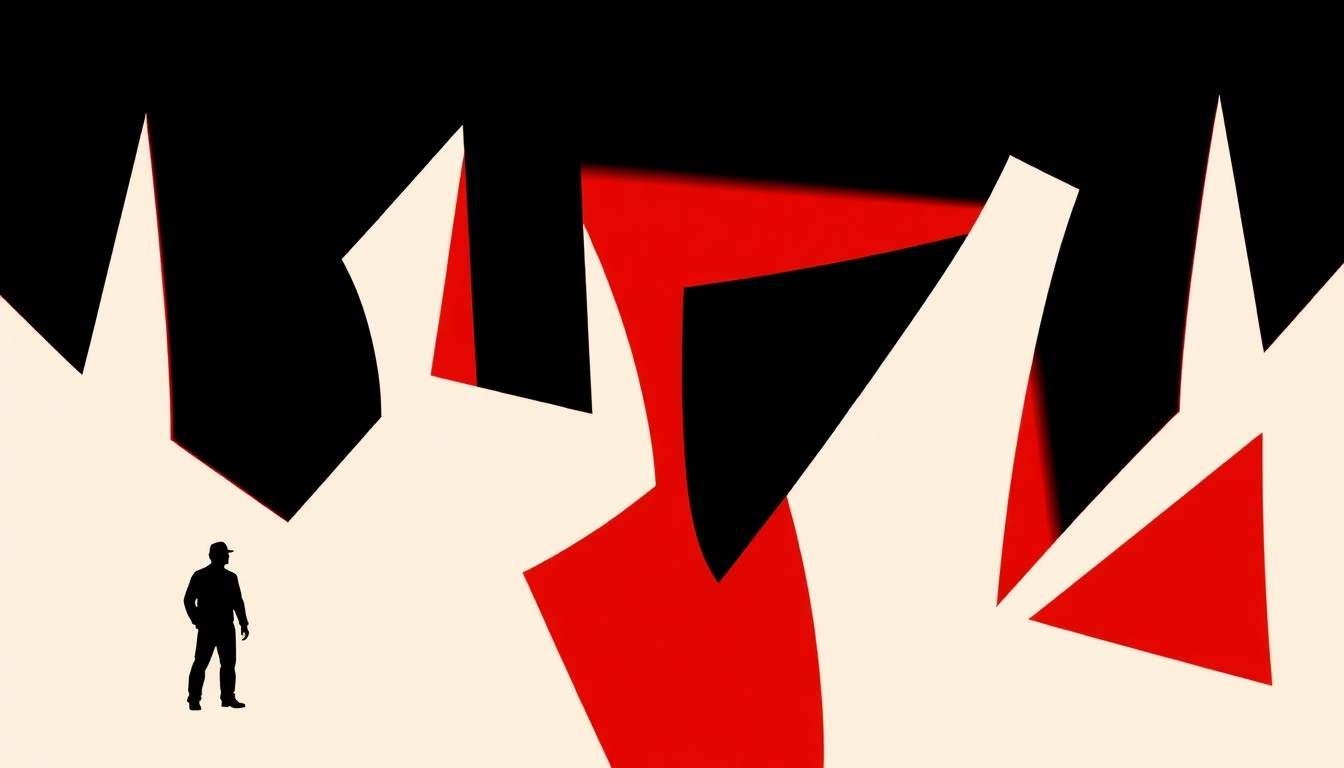 An abstract, geometric composition in shades of red, black, and white, using stark, jagged cut-out shapes to conceptually represent the themes of persecution and surveillance explored in the new play 'The Targeted'.