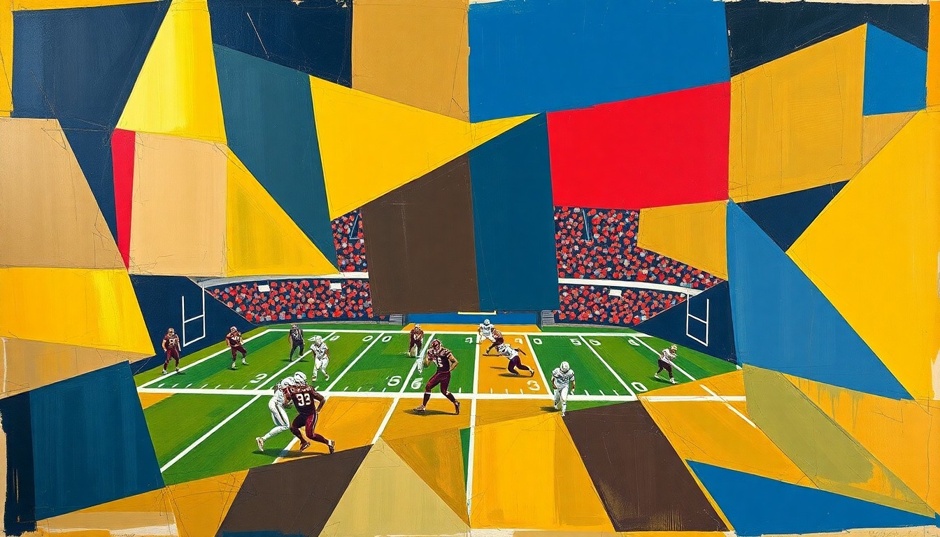 A cubist, geometric painting depicting a fragmented football game, with sharp planes of navy blue, gold, and crimson red, conceptually representing the Rams' strategic approach to roster management.