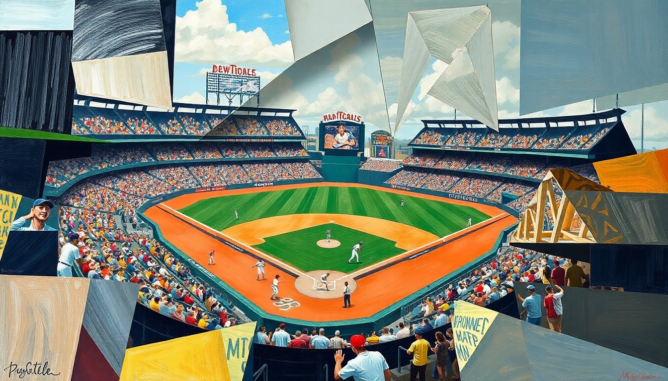 A cubist, geometric painting depicting a baseball game in motion, with players and the field broken down into sharp, overlapping shapes and planes of color.