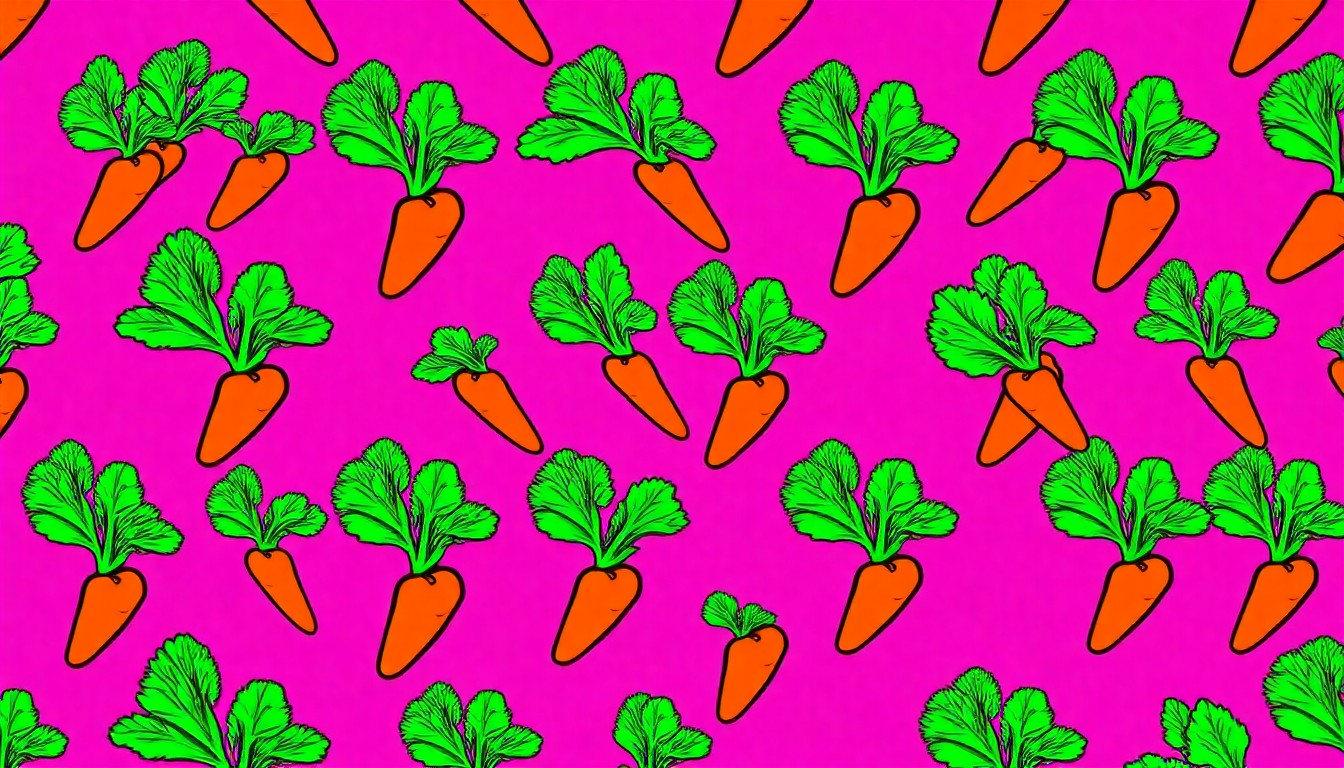A high-contrast silkscreen print in neon green, orange, and purple hues depicting a repeated pattern of a single carrot, its bold outlines and flat colors transforming the everyday vegetable into a modern pop art statement.