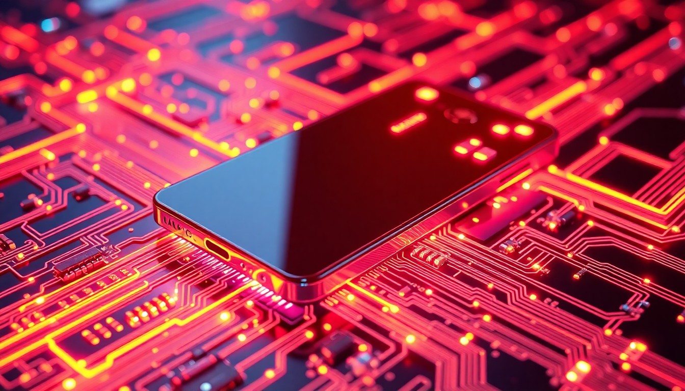 A highly detailed, glowing 3D illustration of a futuristic smartphone chassis surrounded by a network of pulsing, neon-lit circuit boards and data cables, conceptually representing the advanced technology and software powering the latest Samsung Galaxy devices.